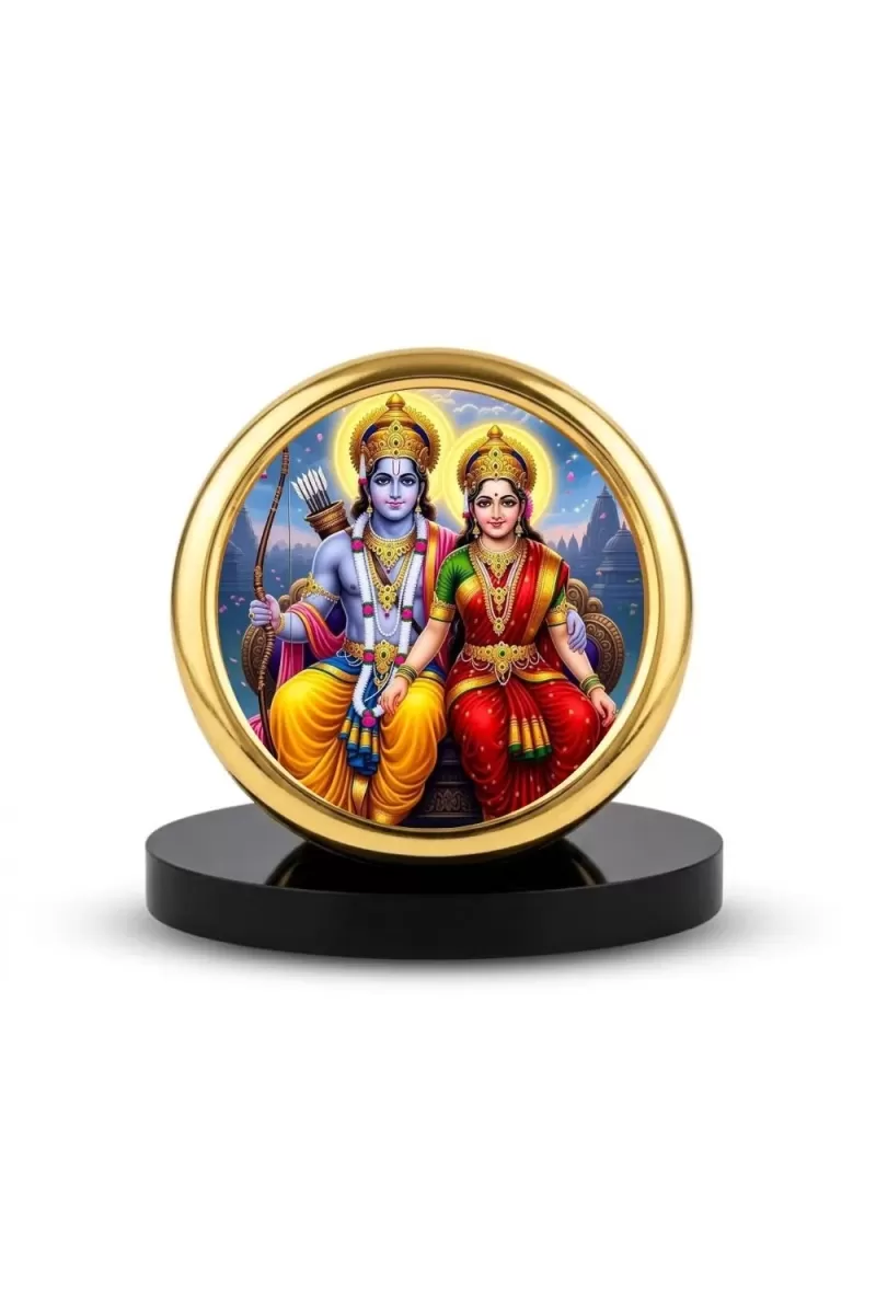 Car Desk/Table Top Lord Rama And Sita Metal Golden Photo Stand  2x2 Inches, Compact & Stylish Spiritual Display For Car, Home & Office (Pack Of 1) (F18529)