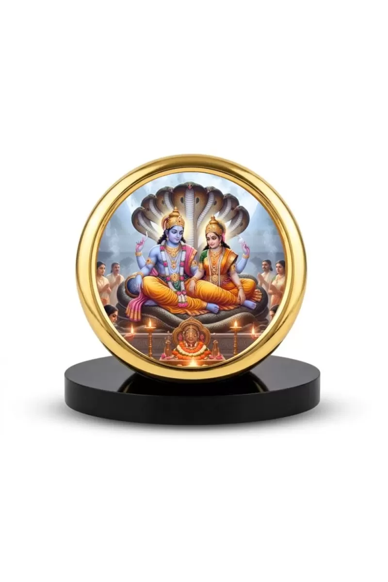 Car Desk/Table Top Lord Vishnu And Laksmi Metal Golden Photo Stand  2x2 Inches, Compact & Stylish Spiritual Display For Car, Home & Office (Pack Of 1) (F18531)
