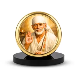 Car Desk/Table Top Lord Saibaba Metal Golden Photo Stand  2x2 Inches, Compact & Stylish Spiritual Display For Car, Home & Office (Pack Of 1) (F18559)