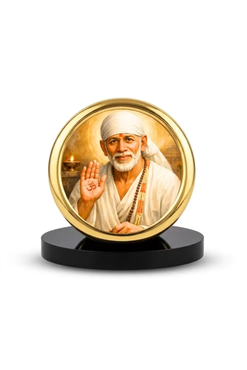 Car Desk/Table Top Lord Saibaba Metal Golden Photo Stand  2x2 Inches, Compact & Stylish Spiritual Display For Car, Home & Office (Pack Of 1) (F18559)