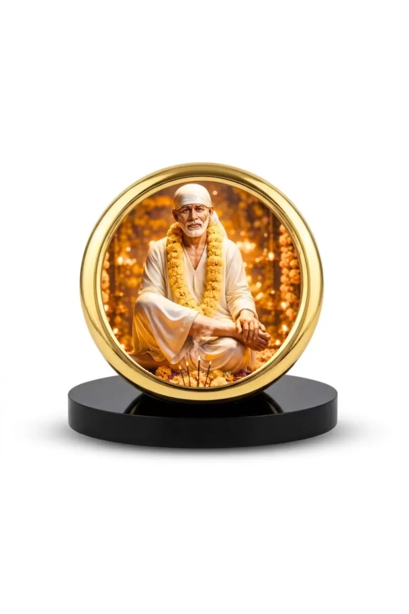Car Desk/Table Top Lord Saibaba Metal Golden Photo Stand  2x2 Inches, Compact & Stylish Spiritual Display For Car, Home & Office (Pack Of 1) (F18560)