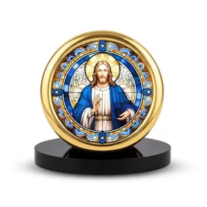 Car Desk/Table Top Lord Jesus Metal Golden Photo Stand  2x2 Inches, Compact & Stylish Spiritual Display For Car, Home & Office (Pack Of 1) (F18561)