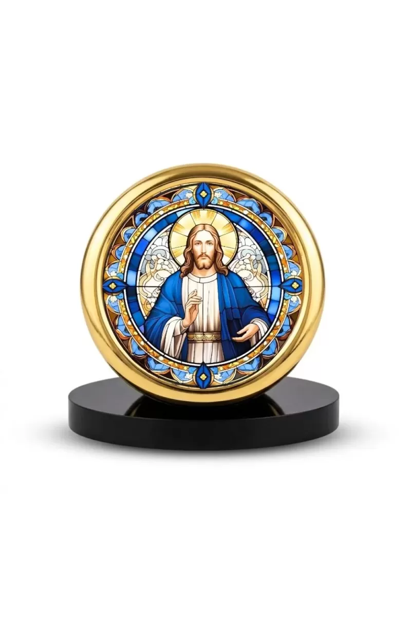 Car Desk/Table Top Lord Jesus Metal Golden Photo Stand  2x2 Inches, Compact & Stylish Spiritual Display For Car, Home & Office (Pack Of 1) (F18561)