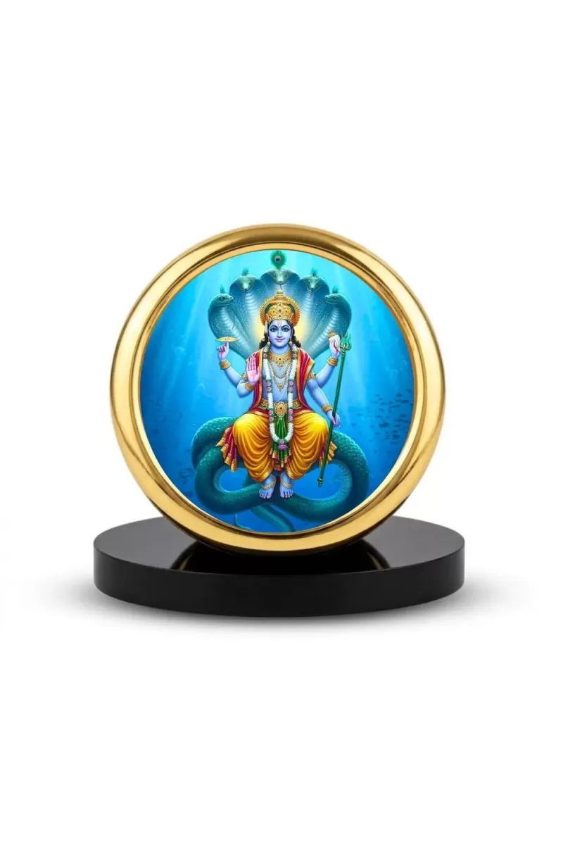 Car Desk/Table Top Lord Vishnu Metal Golden Photo Stand  2x2 Inches, Compact & Stylish Spiritual Display For Car, Home & Office (Pack Of 1) (F18563)