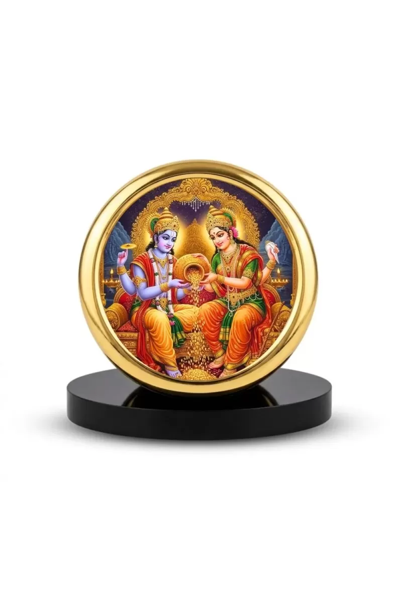 Car Desk/Table Top Lord Vishnu And Lakshmi Metal Golden Photo Stand  2x2 Inches, Compact & Stylish Spiritual Display For Car, Home & Office (Pack Of 1) (F18569)