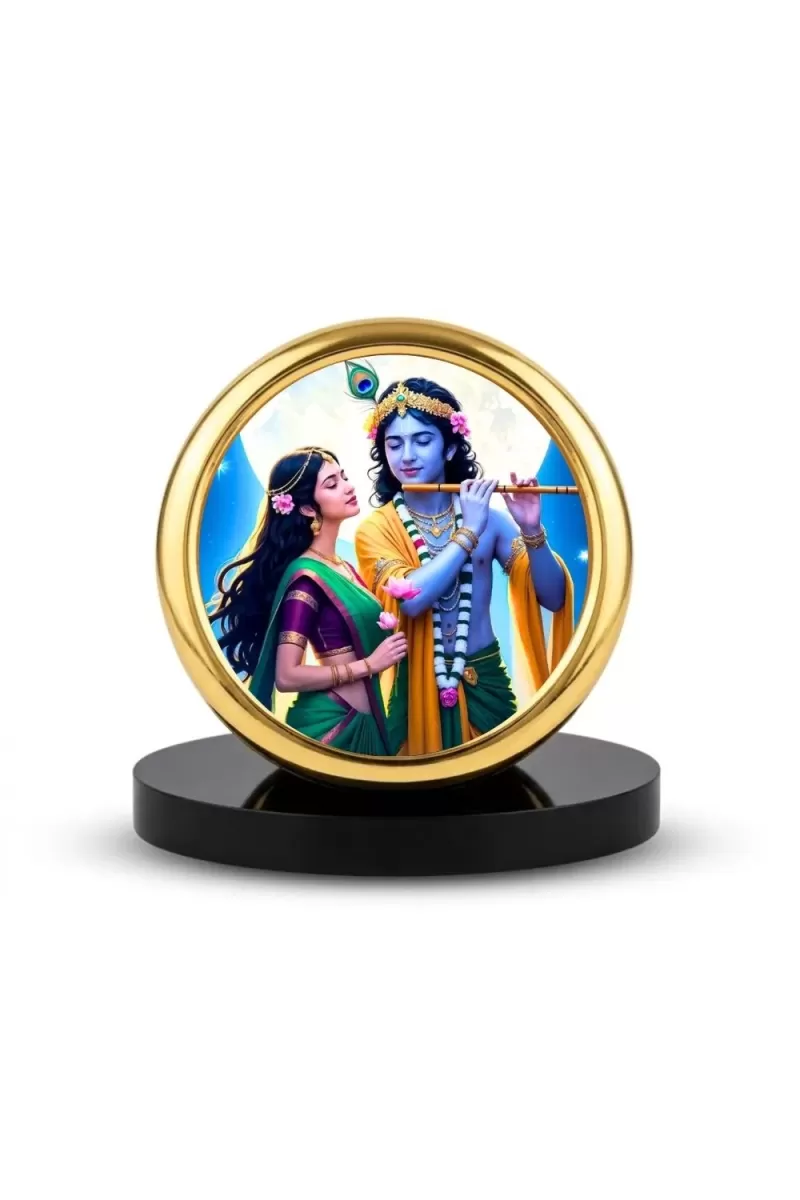 Car Desk/Table Top Lord Krsihna And Radha Metal Golden Photo Stand  2x2 Inches, Compact & Stylish Spiritual Display For Car, Home & Office (Pack Of 1) (F18571)