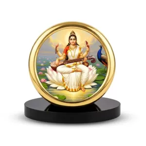 Car Desk/Table Top Goddess Saraswati Metal Golden Photo Stand  2x2 Inches, Compact & Stylish Spiritual Display For Car, Home & Office (Pack Of 1) (F18572)