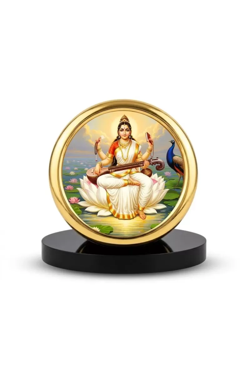 Car Desk/Table Top Goddess Saraswati Metal Golden Photo Stand  2x2 Inches, Compact & Stylish Spiritual Display For Car, Home & Office (Pack Of 1) (F18572)