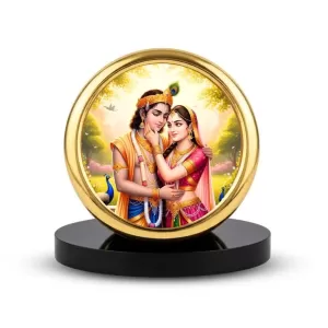Car Desk/Table Top Lord Krishna Radha Metal Golden Photo Stand  2x2 Inches, Compact & Stylish Spiritual Display For Car, Home & Office (Pack Of 1) (F18577)