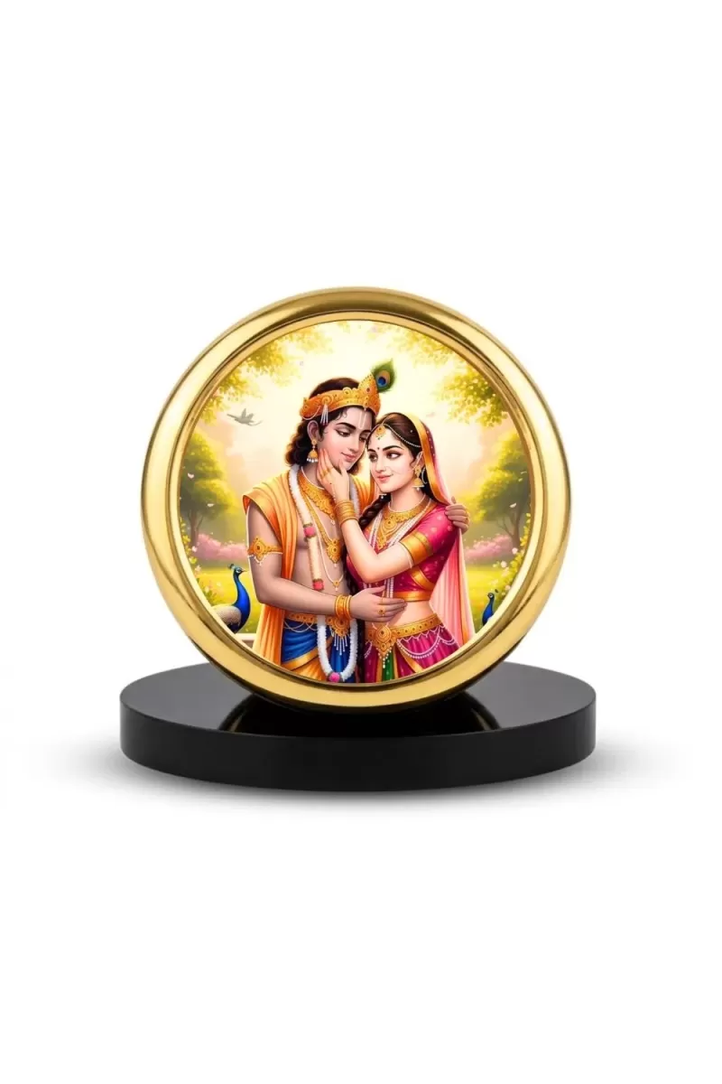 Car Desk/Table Top Lord Krishna Radha Metal Golden Photo Stand  2x2 Inches, Compact & Stylish Spiritual Display For Car, Home & Office (Pack Of 1) (F18577)