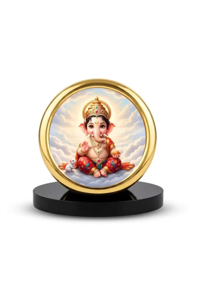 Car Desk/Table Top Lord Ganesha Metal Golden Photo Stand  2x2 Inches, Compact & Stylish Spiritual Display For Car, Home & Office (Pack Of 1) (F18578)