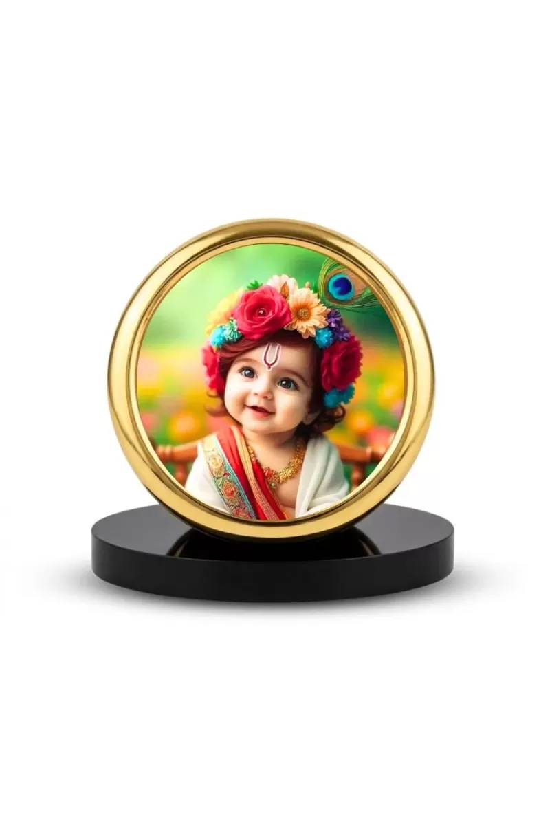 Car Desk/Table Top Little Krishna Metal Golden Photo Stand  2x2 Inches, Compact & Stylish Spiritual Display For Car, Home & Office (Pack Of 1) (F18579)