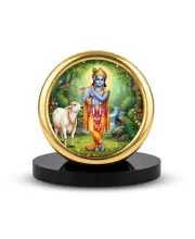Car Desk/Table Top Lord Krishna Metal Golden Photo Stand  2x2 Inches, Compact & Stylish Spiritual Display For Car, Home & Office (Pack Of 1) (F18580)