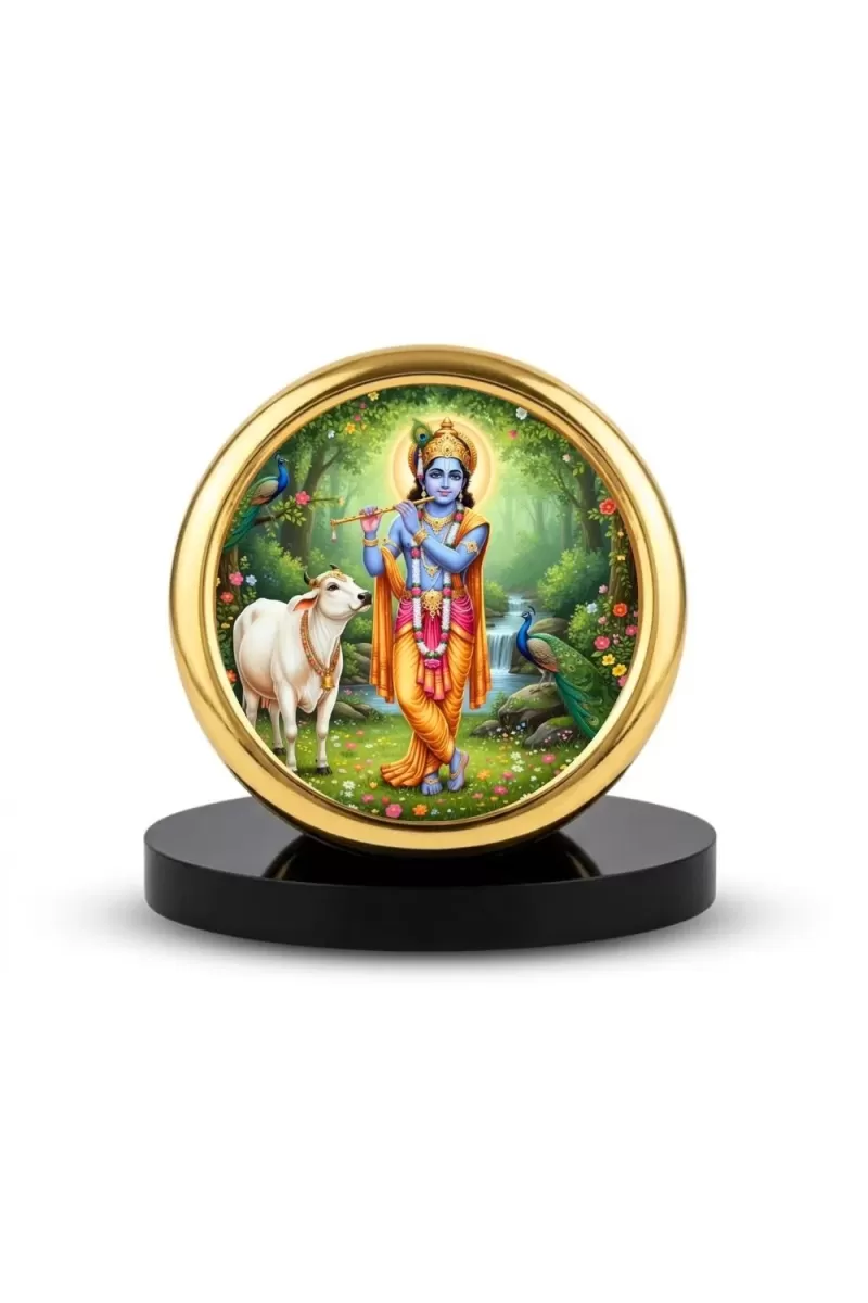Car Desk/Table Top Lord Krishna Metal Golden Photo Stand  2x2 Inches, Compact & Stylish Spiritual Display For Car, Home & Office (Pack Of 1) (F18580)