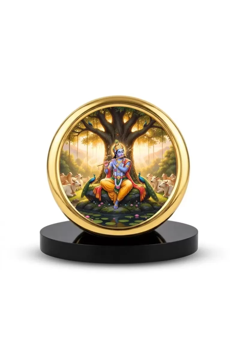 Car Desk/Table Top Lord Krishna Metal Golden Photo Stand  2x2 Inches, Compact & Stylish Spiritual Display For Car, Home & Office (Pack Of 1) (F18581)