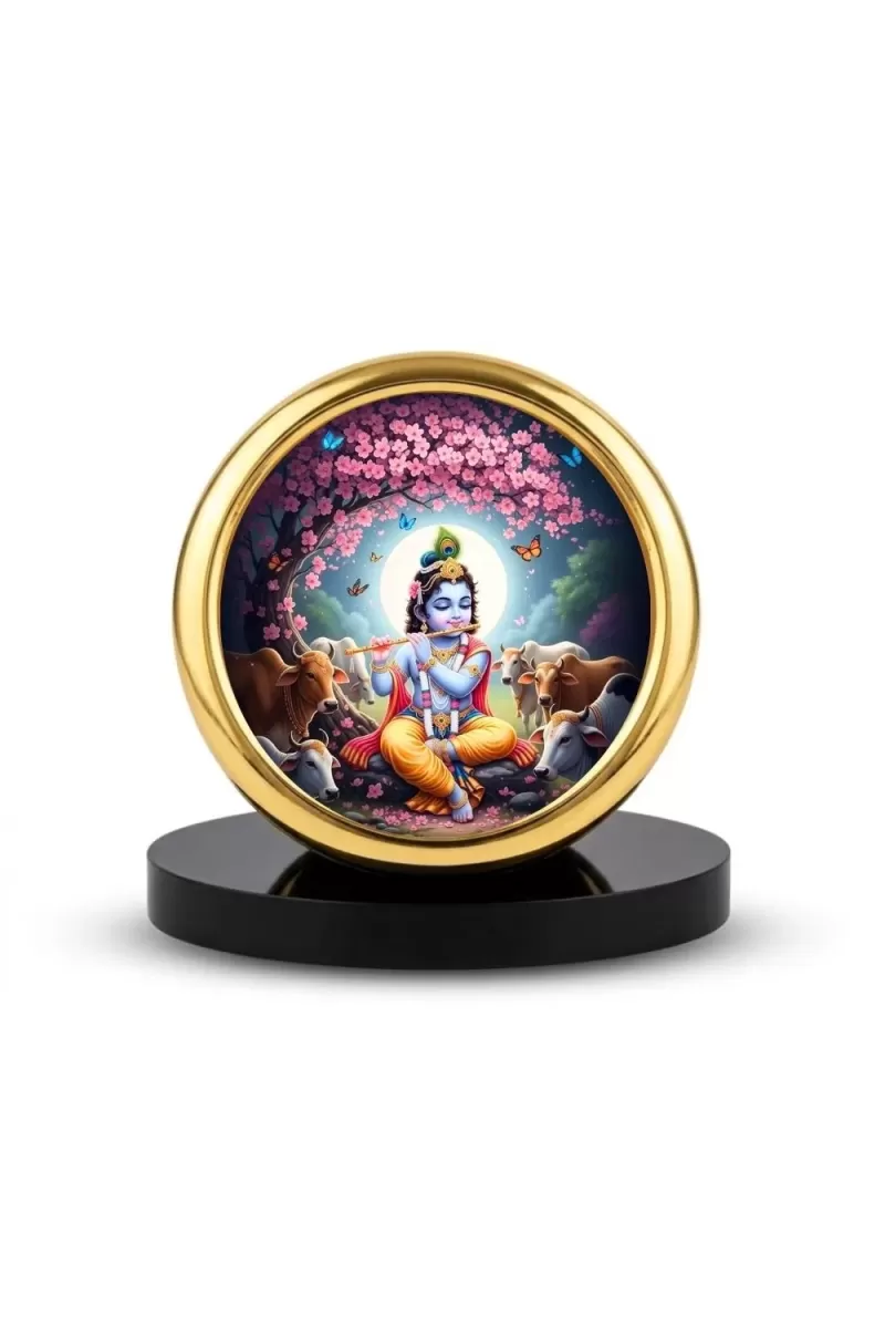 Car Desk/Table Top Lord Krishna Metal Golden Photo Stand  2x2 Inches, Compact & Stylish Spiritual Display For Car, Home & Office (Pack Of 1) (F18582)