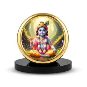Car Desk/Table Top Lord Krishna Metal Golden Photo Stand 2x2 Inches, Compact & Stylish Spiritual Display For Car, Home & Office (Pack Of 1) (F18583) Car Desk/Table Top Lord Krishna Metal Golden Photo Stand 2x2 Inches, Compact & Stylish Spiritual Display For Car, Home & Office (Pack Of 1) (F18583)