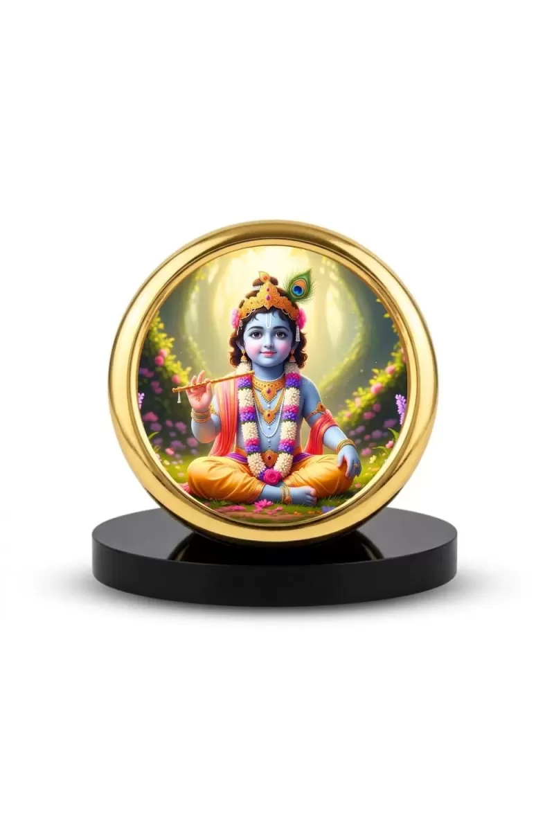 Car Desk/Table Top Lord Krishna Metal Golden Photo Stand  2x2 Inches, Compact & Stylish Spiritual Display For Car, Home & Office (Pack Of 1) (F18583)