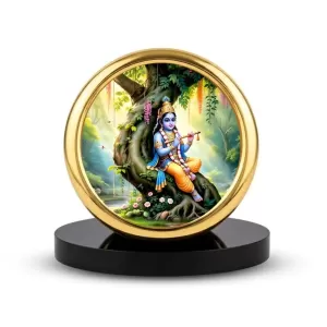 Car Desk/Table Top Lord Krishna Metal Golden Photo Stand  2x2 Inches, Compact & Stylish Spiritual Display For Car, Home & Office (Pack Of 1) (F18584)