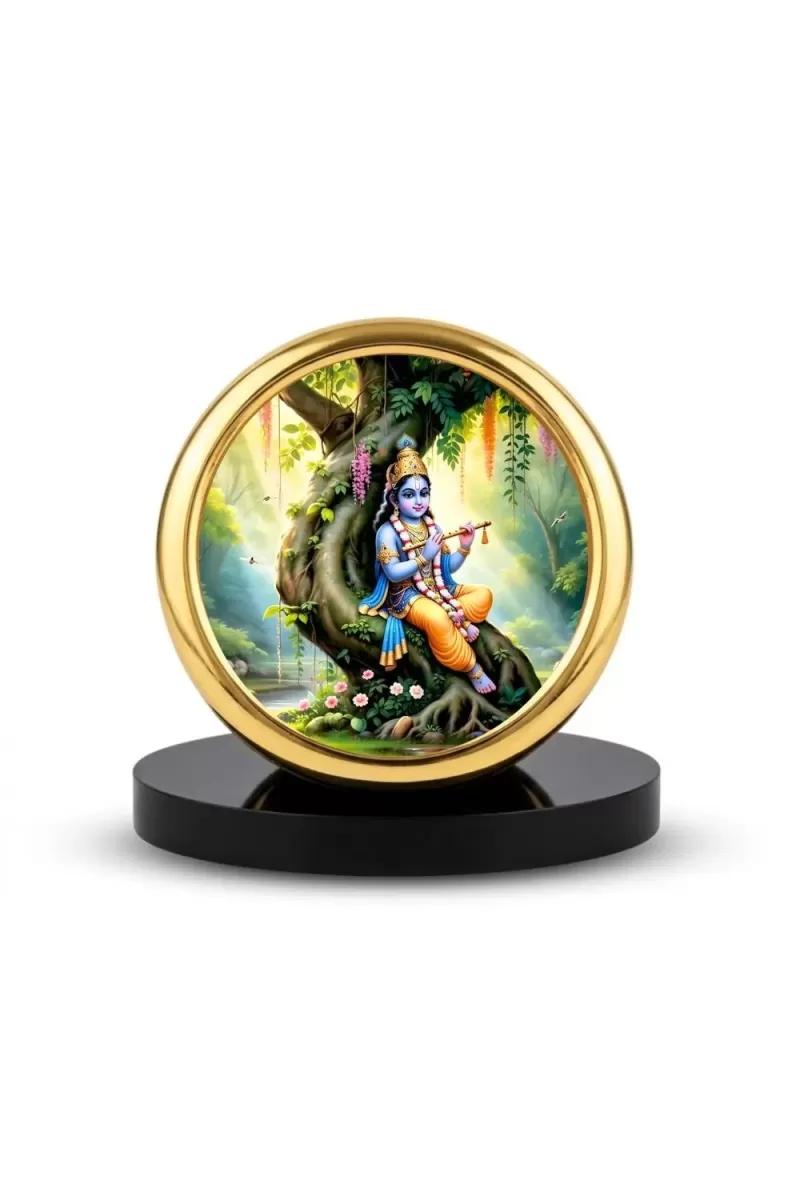 Car Desk/Table Top Lord Krishna Metal Golden Photo Stand  2x2 Inches, Compact & Stylish Spiritual Display For Car, Home & Office (Pack Of 1) (F18584)