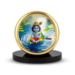 Car Desk/Table Top Lord Krishna Metal Golden Photo Stand  2x2 Inches, Compact & Stylish Spiritual Display For Car, Home & Office (Pack Of 1) (F18586)