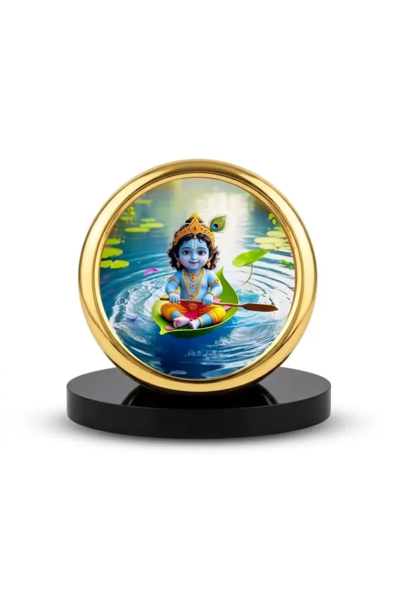 Car Desk/Table Top Lord Krishna Metal Golden Photo Stand  2x2 Inches, Compact & Stylish Spiritual Display For Car, Home & Office (Pack Of 1) (F18586)
