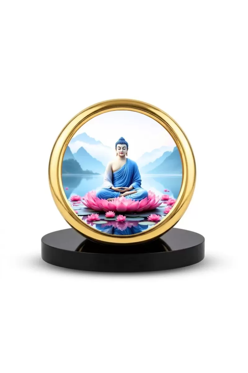 Car Desk/Table Top Lord Buddha Metal Golden Photo Stand  2x2 Inches, Compact & Stylish Spiritual Display For Car, Home & Office (Pack Of 1) (F18589)