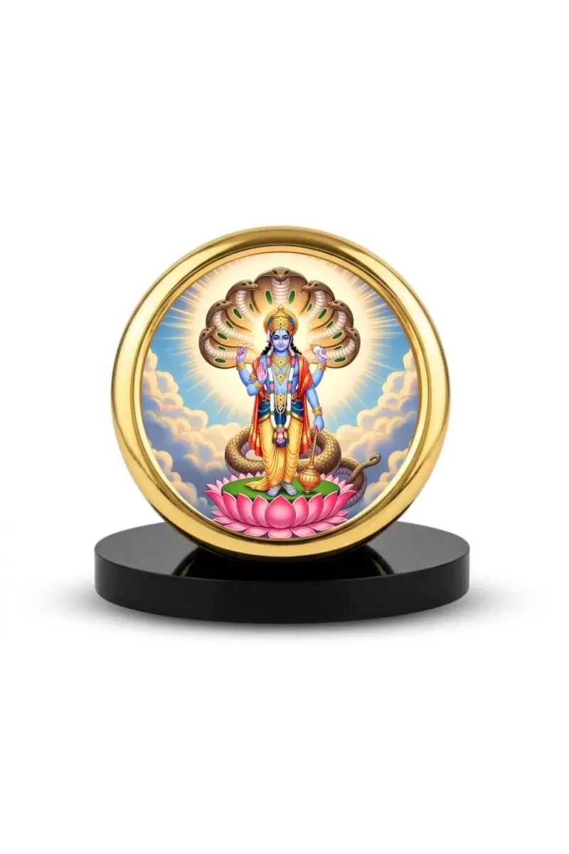 Car Desk/Table Top Lord Vishnu Metal Golden Photo Stand  2x2 Inches, Compact & Stylish Spiritual Display For Car, Home & Office (Pack Of 1) (F18590)