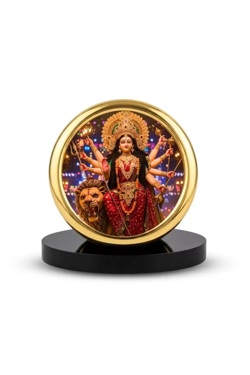 Car Desk/Table Top Durga Matha Metal Golden Photo Stand  2x2 Inches, Compact & Stylish Spiritual Display For Car, Home & Office (Pack Of 1) (F18591)
