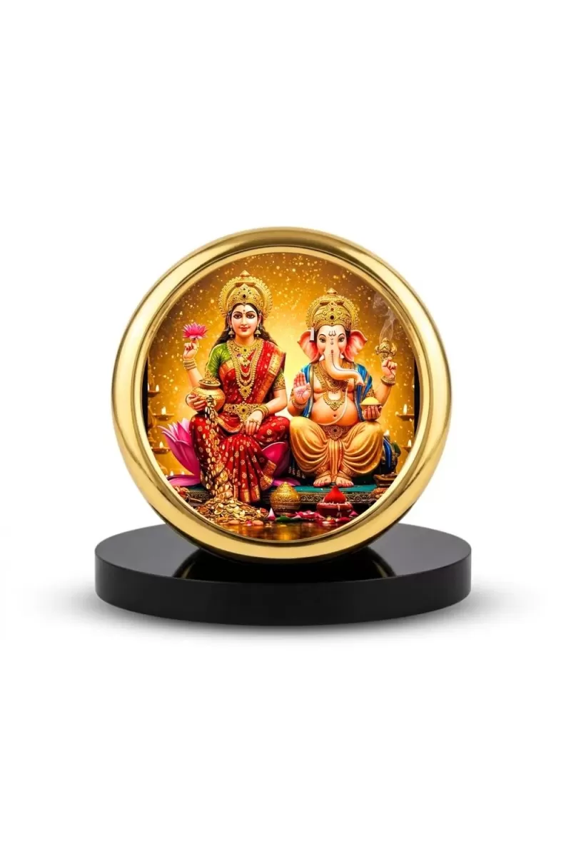 Car Desk/Table Top Ganesha And Laskshmi Metal Golden Photo Stand  2x2 Inches, Compact & Stylish Spiritual Display For Car, Home & Office (Pack Of 1) (F18592)