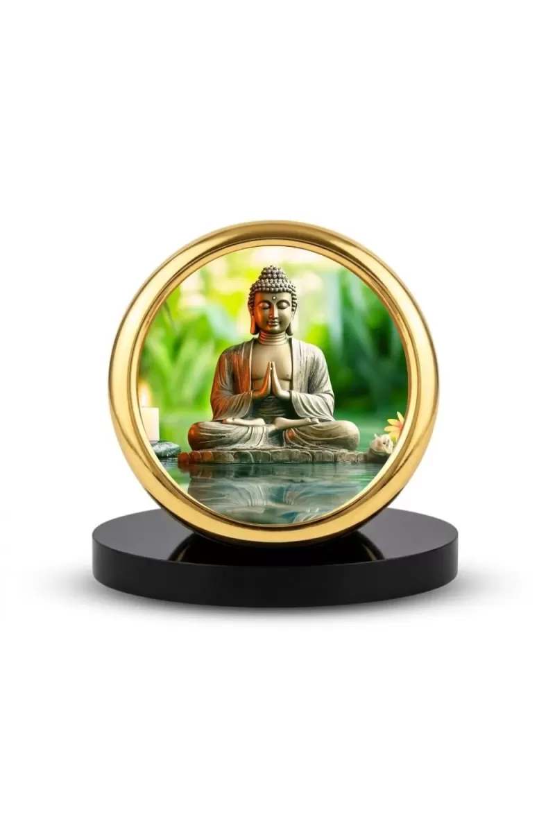 Car Desk/Table Top Buddha Metal Golden Photo Stand  2x2 Inches, Compact & Stylish Spiritual Display For Car, Home & Office (Pack Of 1) (F18598)