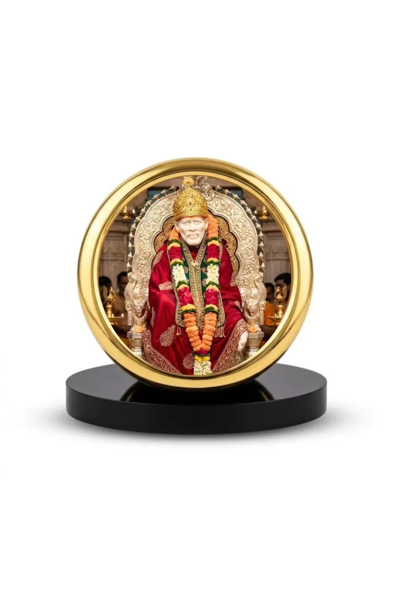 Car Desk/Table Top Lord Saibaba Metal Golden Photo Stand  2x2 Inches, Compact & Stylish Spiritual Display For Car, Home & Office (Pack Of 1) (F18599)