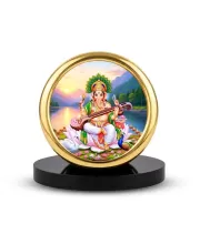 Car Desk/Table Top Goddess Saraswathi Metal Golden Photo Stand  2x2 Inches, Compact & Stylish Spiritual Display For Car, Home & Office (Pack Of 1) (F18606)