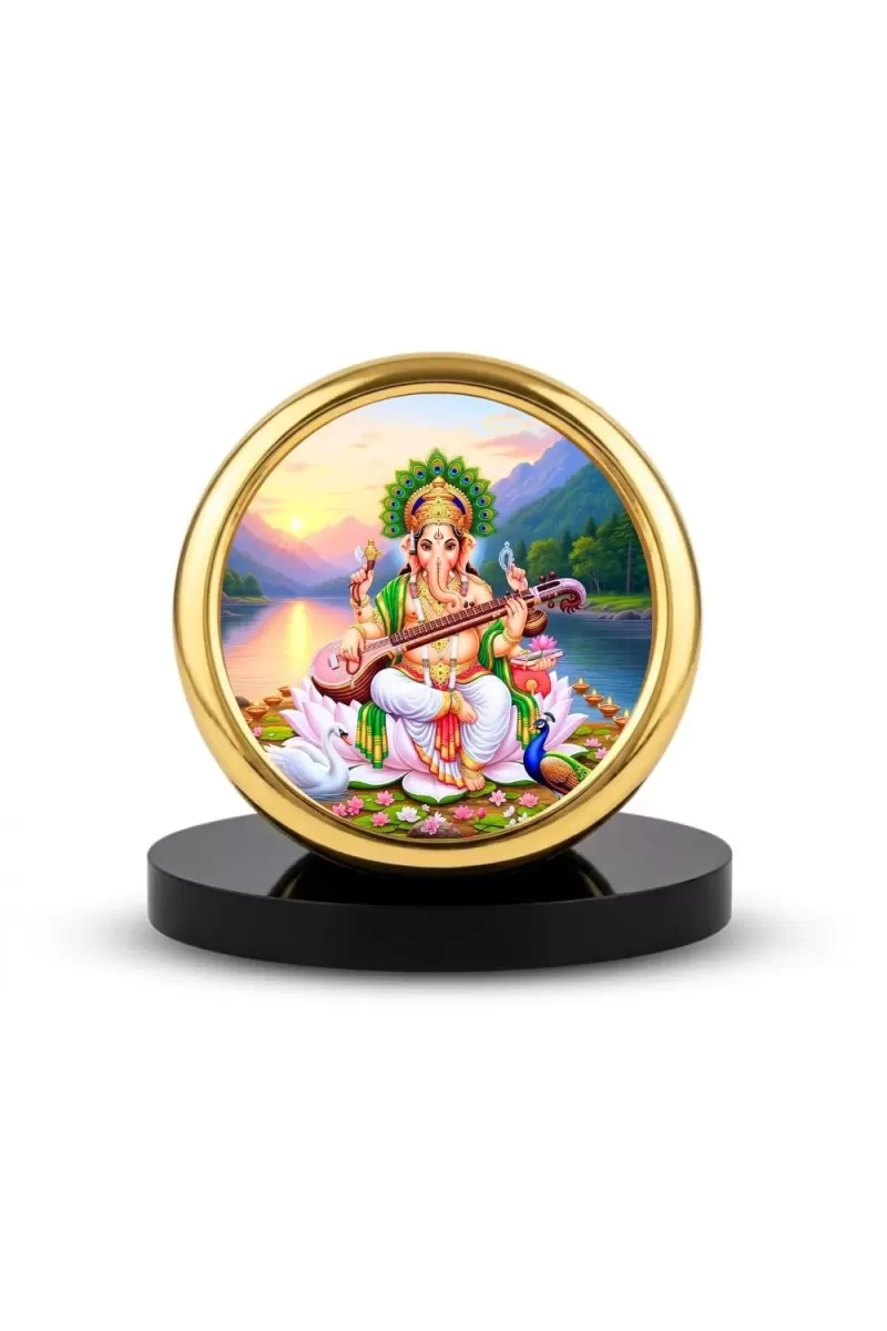 Car Desk/Table Top Goddess Saraswathi Metal Golden Photo Stand  2x2 Inches, Compact & Stylish Spiritual Display For Car, Home & Office (Pack Of 1) (F18606)