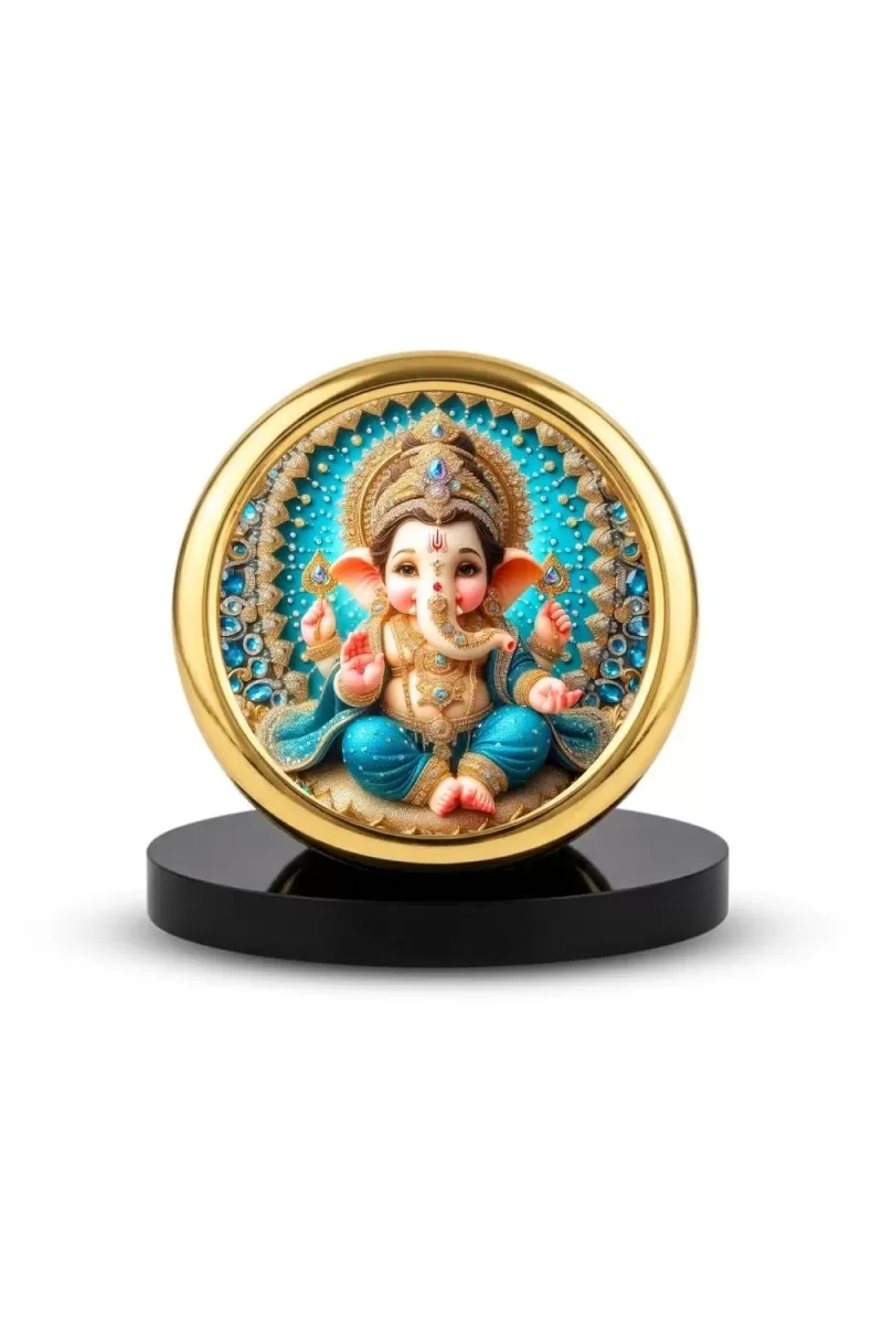 Car Desk/Table Top Lord Ganesha Metal Golden Photo Stand  2x2 Inches, Compact & Stylish Spiritual Display For Car, Home & Office (Pack Of 1) (F18617)