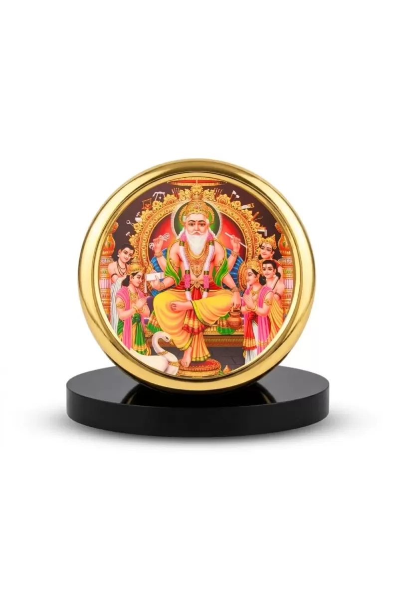Car Desk/Table Top  Lord Vishwakarma Metal Golden Photo Stand  2x2 Inches, Compact & Stylish Spiritual Display For Car, Home & Office (Pack Of 1) (F18623)