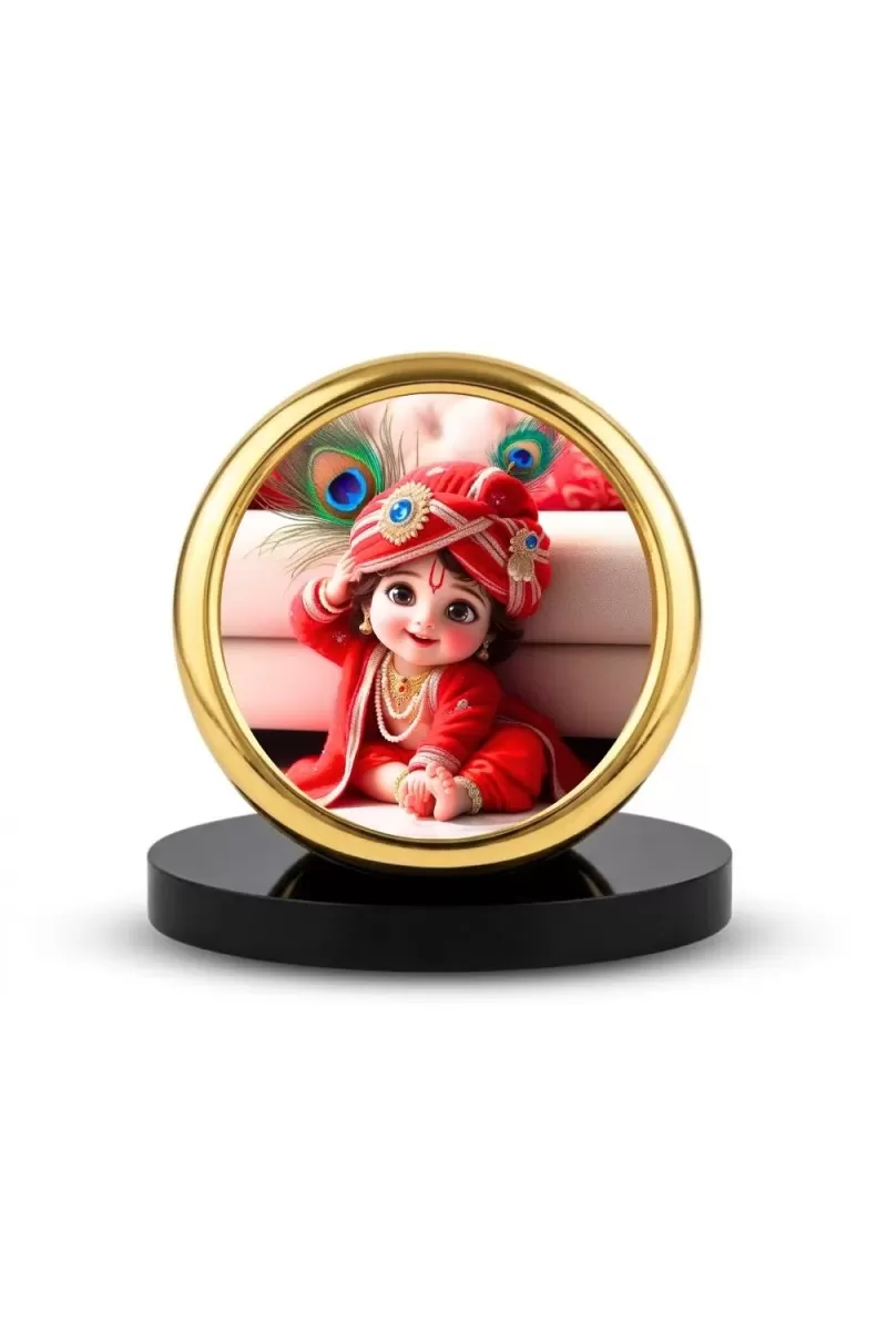 Car Desk/Table Top Little Krishna Metal Golden Photo Stand  2x2 Inches, Compact & Stylish Spiritual Display For Car, Home & Office (Pack Of 1) (F18627)