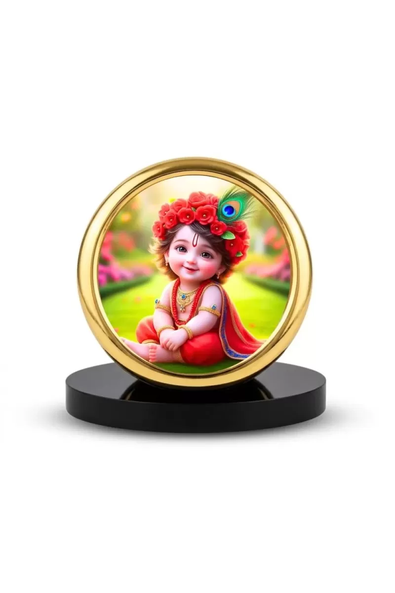 Car Desk/Table Top Little Krishna Metal Golden Photo Stand  2x2 Inches, Compact & Stylish Spiritual Display For Car, Home & Office (Pack Of 1) (F18629)
