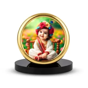 Car Desk/Table Top Little Krishna Metal Golden Photo Stand  2x2 Inches, Compact & Stylish Spiritual Display For Car, Home & Office (Pack Of 1) (F18630)