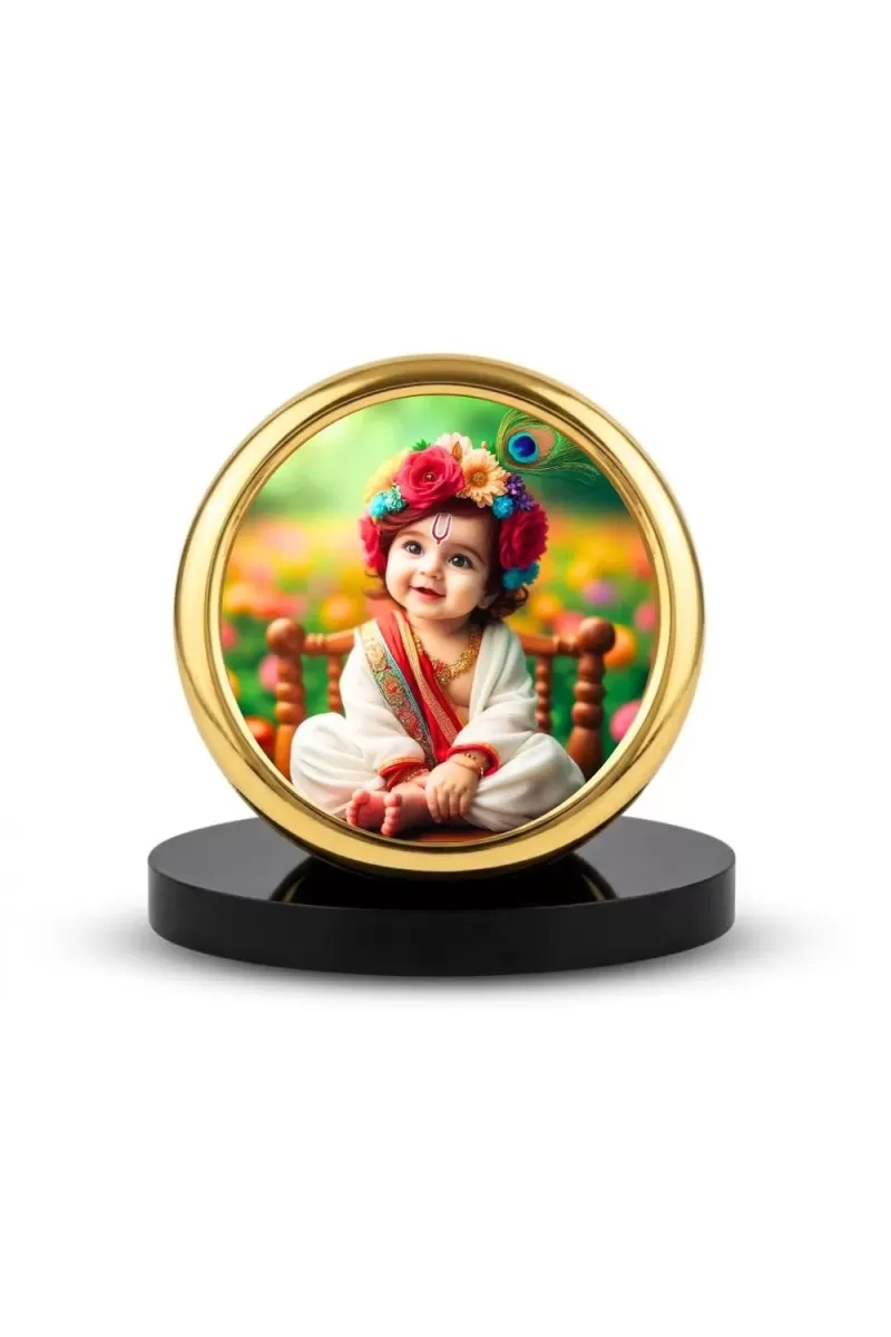 Car Desk/Table Top Little Krishna Metal Golden Photo Stand  2x2 Inches, Compact & Stylish Spiritual Display For Car, Home & Office (Pack Of 1) (F18630)