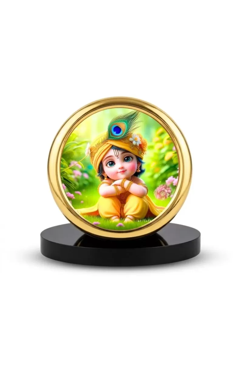 Car Desk/Table Top Little Krishna Metal Golden Photo Stand  2x2 Inches, Compact & Stylish Spiritual Display For Car, Home & Office (Pack Of 1) (F18631)