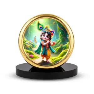 Car Desk/Table Top Little Krishna Metal Golden Photo Stand  2x2 Inches, Compact & Stylish Spiritual Display For Car, Home & Office (Pack Of 1) (F18632)