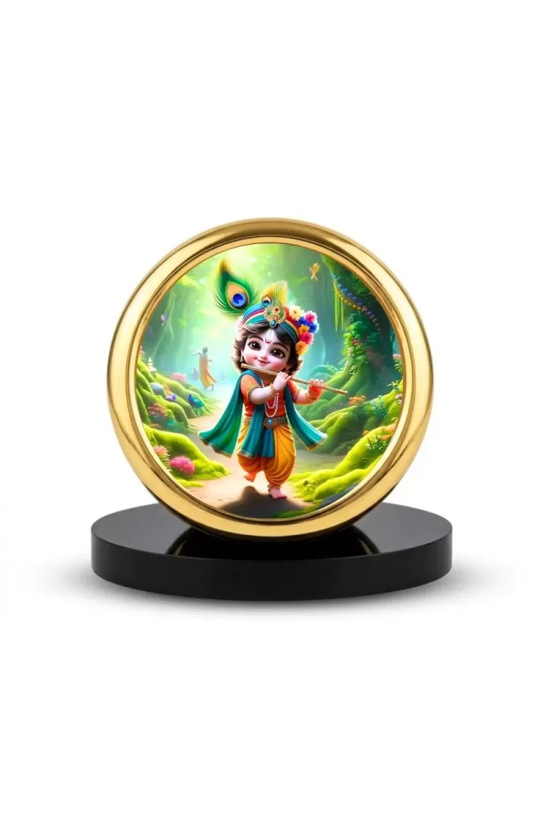 Car Desk/Table Top Little Krishna Metal Golden Photo Stand  2x2 Inches, Compact & Stylish Spiritual Display For Car, Home & Office (Pack Of 1) (F18632)