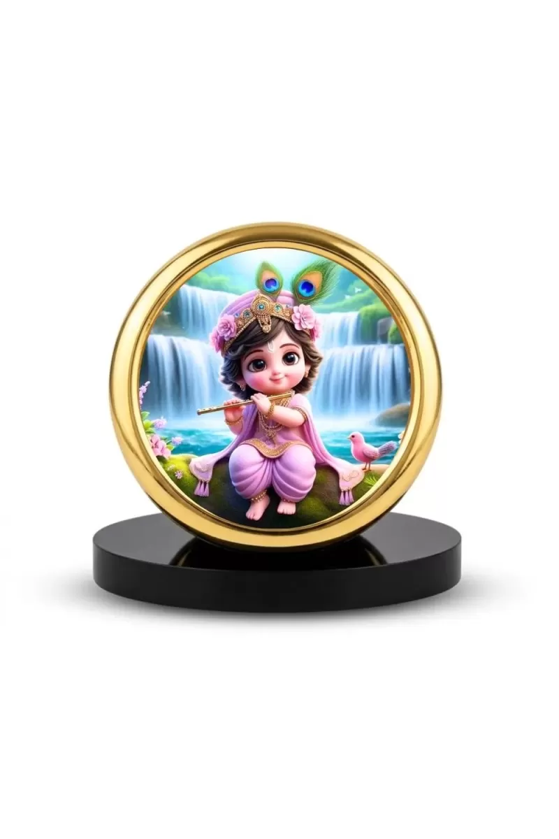 Car Desk/Table Top Little Krishna Metal Golden Photo Stand  2x2 Inches, Compact & Stylish Spiritual Display For Car, Home & Office (Pack Of 1) (F18633)