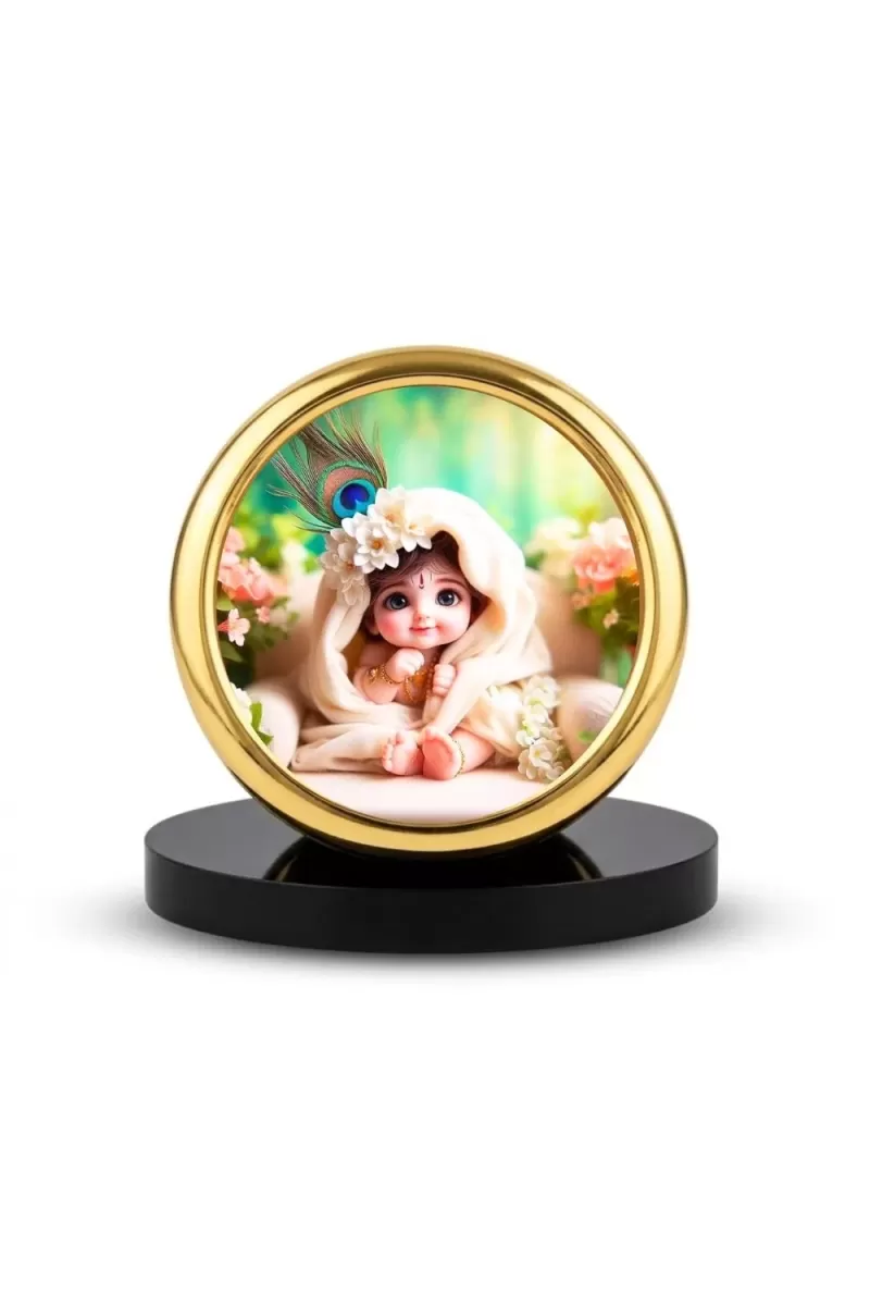 Car Desk/Table Top Little Krishna Metal Golden Photo Stand  2x2 Inches, Compact & Stylish Spiritual Display For Car, Home & Office (Pack Of 1) (F18634)