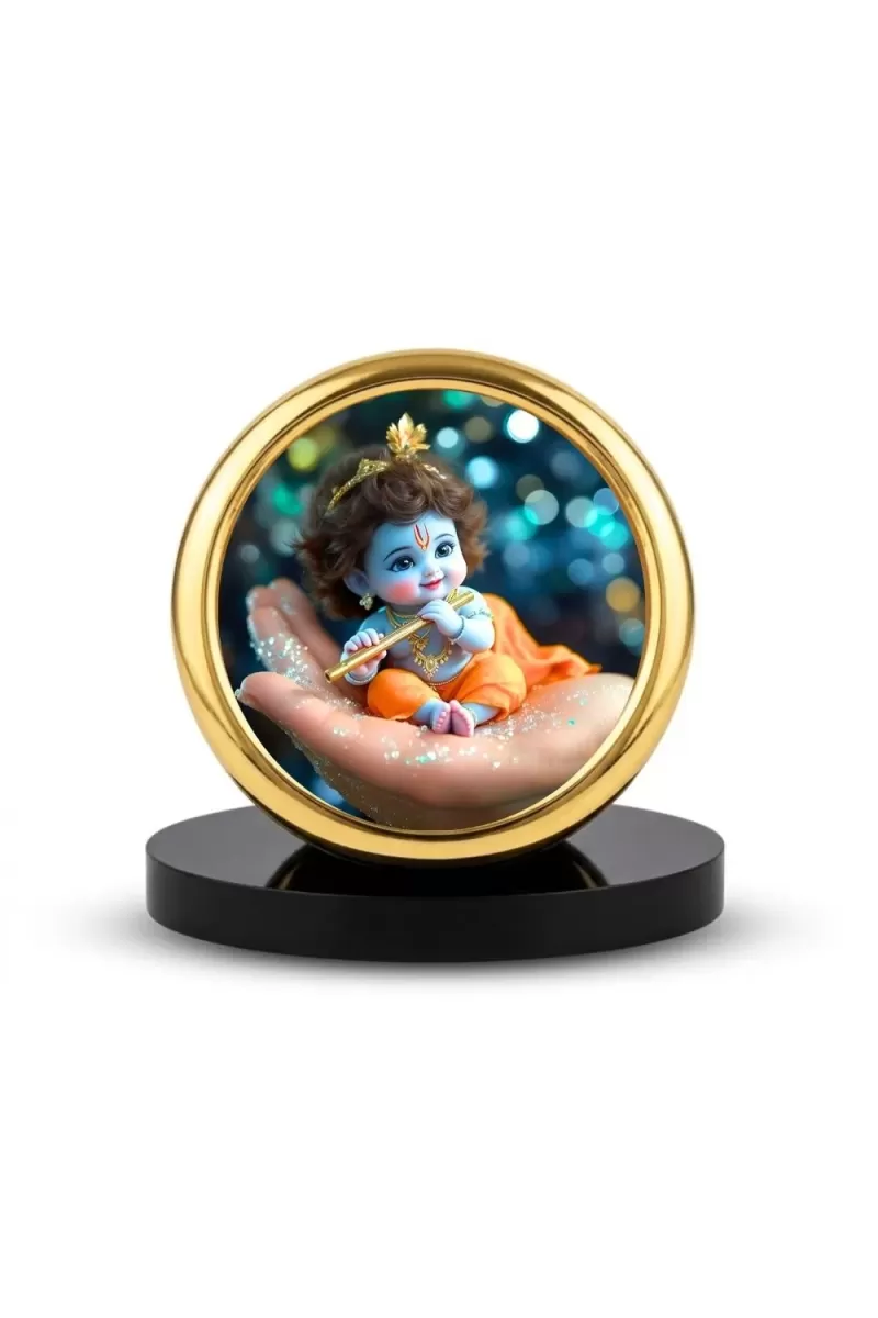 Car Desk/Table Top Little Krishna Metal Golden Photo Stand  2x2 Inches, Compact & Stylish Spiritual Display For Car, Home & Office (Pack Of 1) (F18635)
