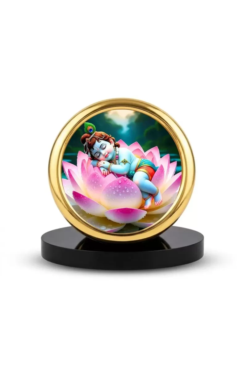 Car Desk/Table Top Little Krishna Metal Golden Photo Stand  2x2 Inches, Compact & Stylish Spiritual Display For Car, Home & Office (Pack Of 1) (F18637)