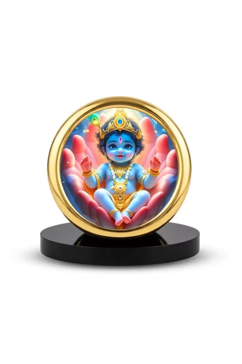 Car Desk/Table Top Little Krishna Metal Golden Photo Stand  2x2 Inches, Compact & Stylish Spiritual Display For Car, Home & Office (Pack Of 1) (F18638)