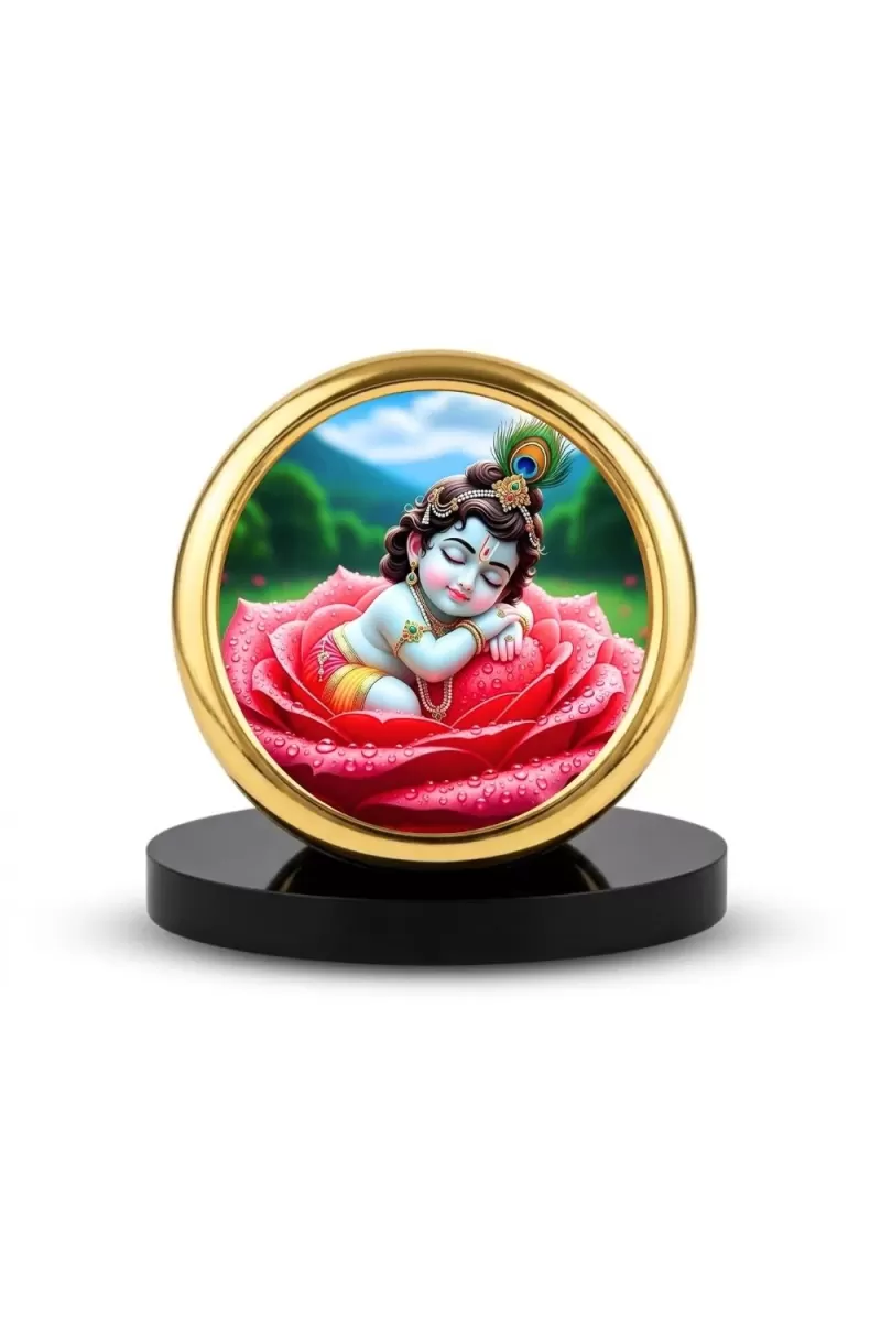 Car Desk/Table Top Little Krishna Metal Golden Photo Stand  2x2 Inches, Compact & Stylish Spiritual Display For Car, Home & Office (Pack Of 1) (F18640)