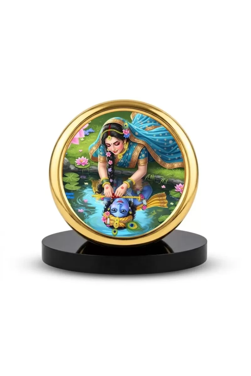 Car Desk/Table Top Radha Krishna Metal Golden Photo Stand  2x2 Inches, Compact & Stylish Spiritual Display For Car, Home & Office (Pack Of 1) (F18642)